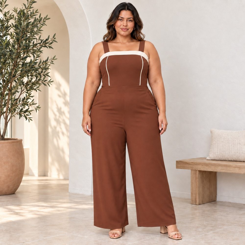 Look Ziem macacão marrom com detalhe bege