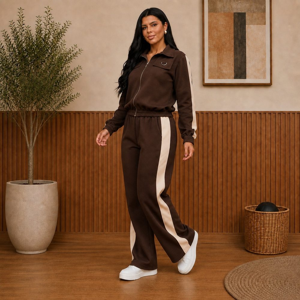 Look Ziem conjunto marrom com listra bege